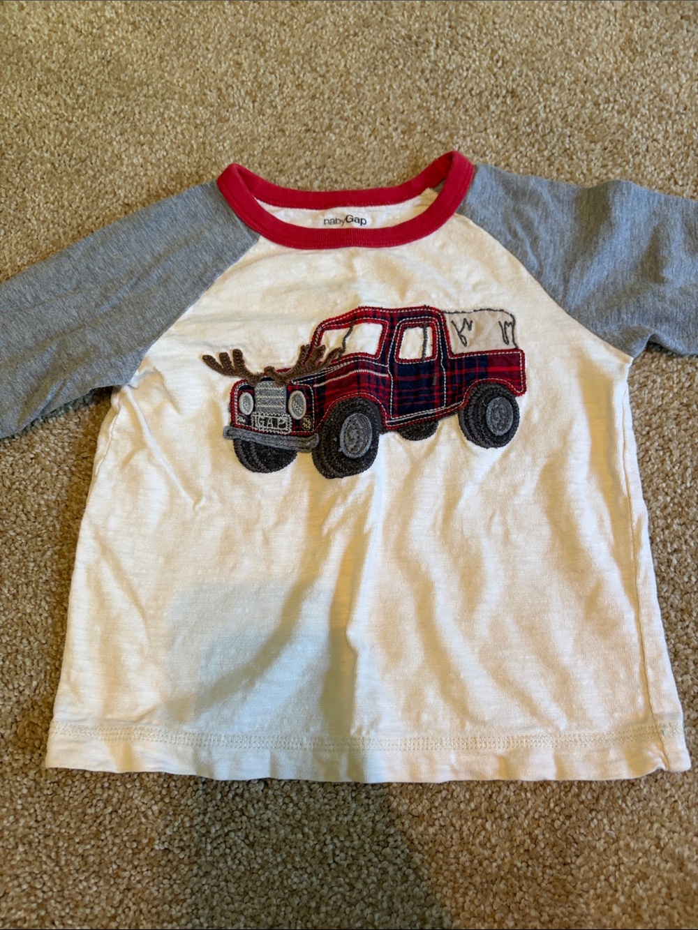 GAP White, Gray & Red Raglan Long Sleeve Tee with Plaid Truck